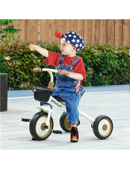 AIYAPLAY Kids Trike, Tricycle, with Adjustable Seat, Basket, Bell, for Ages 2-5 Years - White