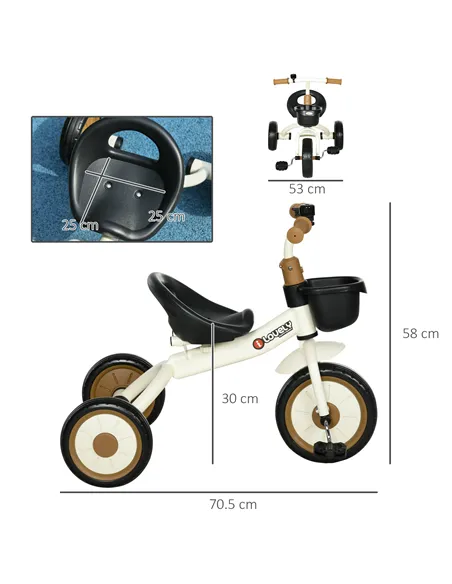 AIYAPLAY Kids Trike, Tricycle, with Adjustable Seat, Basket, Bell, for Ages 2-5 Years - White