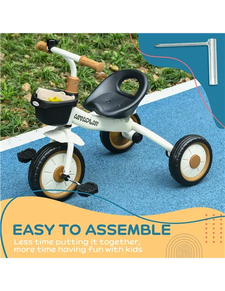 AIYAPLAY Kids Trike, Tricycle, with Adjustable Seat, Basket, Bell, for Ages 2-5 Years - White