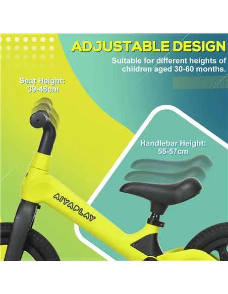 AIYAPLAY Balance Bike with Adjustable Seat and Handlebar, PU Wheels, No Pedal, for Ages 30-60 Months - Green
