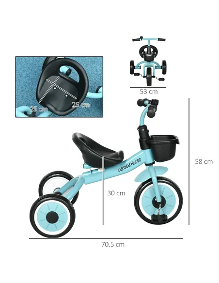 AIYAPLAY Kids Trike, Tricycle, with Adjustable Seat, Basket, Bell, for Ages 2-5 Years - Blue