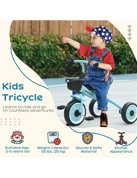 AIYAPLAY Kids Trike, Tricycle, with Adjustable Seat, Basket, Bell, for Ages 2-5 Years - Blue