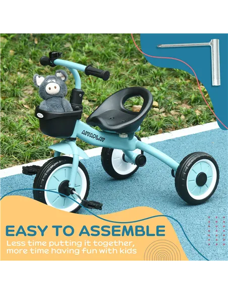 AIYAPLAY Kids Trike, Tricycle, with Adjustable Seat, Basket, Bell, for Ages 2-5 Years - Blue