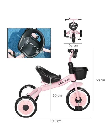 AIYAPLAY Kids Trike, Tricycle, with Adjustable Seat, Basket, Bell, for Ages 2-5 Years - Pink
