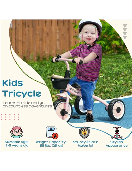 AIYAPLAY Kids Trike, Tricycle, with Adjustable Seat, Basket, Bell, for Ages 2-5 Years - Pink