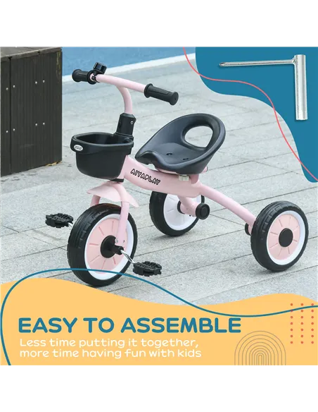 AIYAPLAY Kids Trike, Tricycle, with Adjustable Seat, Basket, Bell, for Ages 2-5 Years - Pink