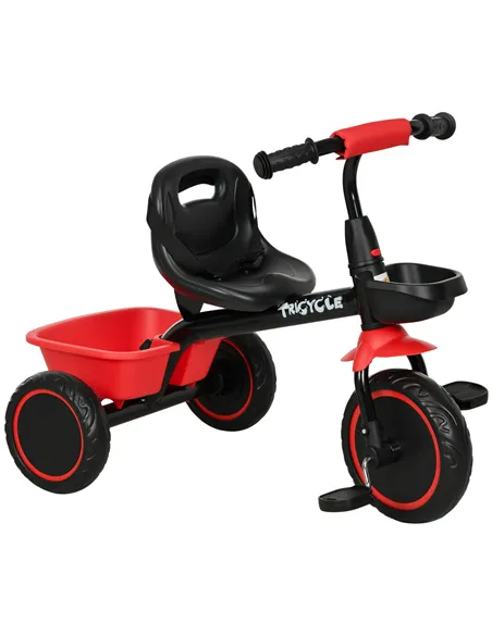 AIYAPLAY Kids Trike for 2-5 Years with Adjustable Seat, Pedal, Baskets, Red