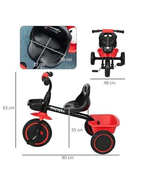 AIYAPLAY Kids Trike for 2-5 Years with Adjustable Seat, Pedal, Baskets, Red
