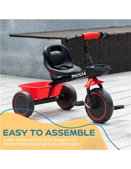 AIYAPLAY Kids Trike for 2-5 Years with Adjustable Seat, Pedal, Baskets, Red