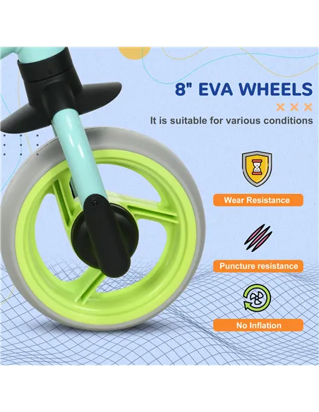 AIYAPLAY 8" Balance Bike, Lightweight Training Bike for Children, with Adjustable Seat, EVA Wheels, Easy installation - Green