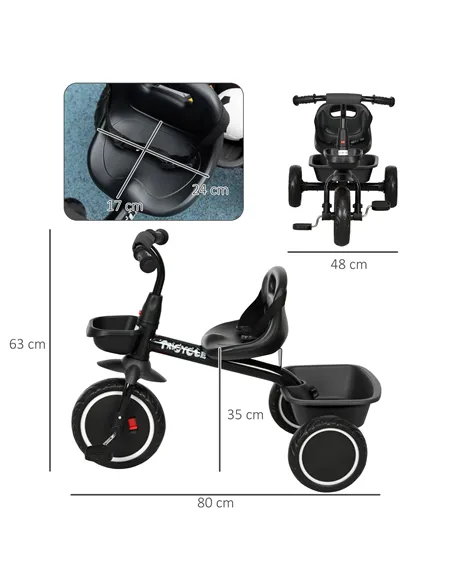 AIYAPLAY Kids Trike for 2-5 Years with Adjustable Seat, Pedal, Baskets, Black