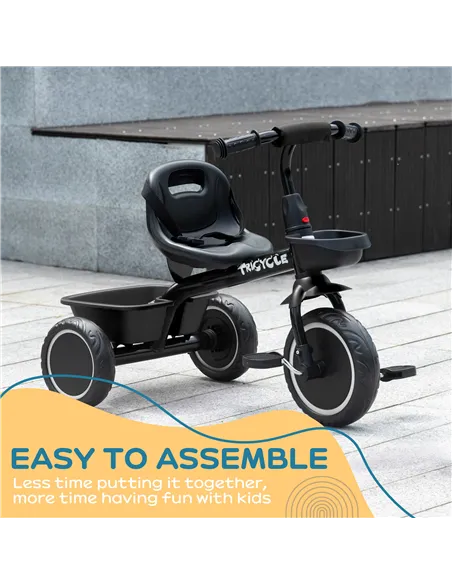 AIYAPLAY Kids Trike for 2-5 Years with Adjustable Seat, Pedal, Baskets, Black