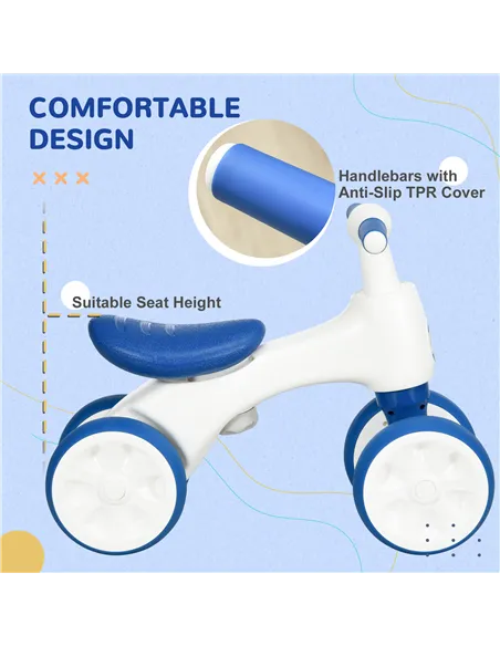 AIYAPLAY Balance Bike for Ages 18-36 Months, with Anti-Slip Handlebars, Four Wheels, No Pedal - Blue