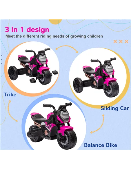 AIYAPLAY Motorcycle Design, 3 in 1 Toddler Trike, Sliding Car, Balance Bike with Headlight, Music, Horn, Pink