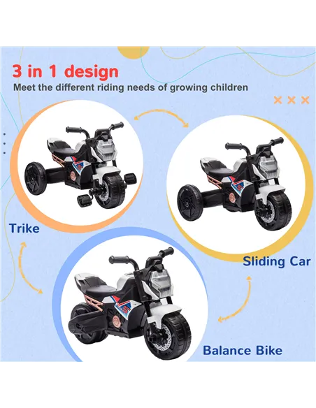 AIYAPLAY Motorcycle Design, 3 in 1 Toddler Trike, Sliding Car, Balance Bike with toy safety light, Music, Horn, White