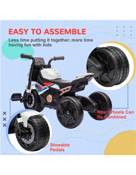 AIYAPLAY Motorcycle Design, 3 in 1 Toddler Trike, Sliding Car, Balance Bike with toy safety light, Music, Horn, White