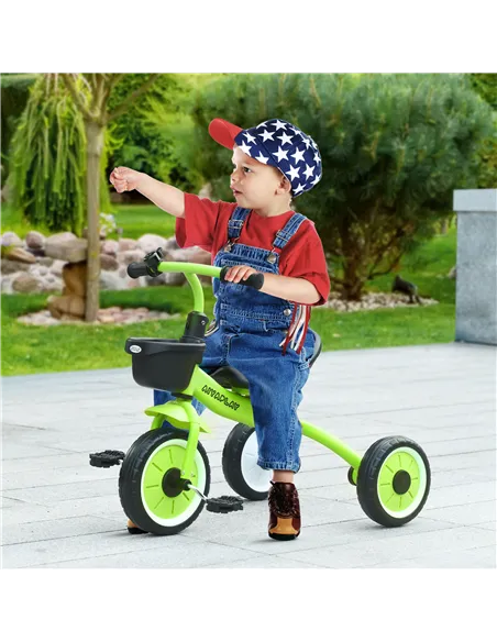 AIYAPLAY Kids Trike, Tricycle, with Adjustable Seat, Basket, Bell, for Ages 2-5 Years - Green