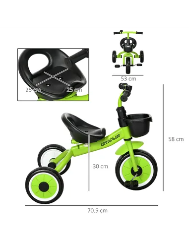 AIYAPLAY Kids Trike, Tricycle, with Adjustable Seat, Basket, Bell, for Ages 2-5 Years - Green