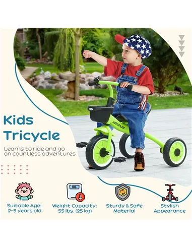AIYAPLAY Kids Trike, Tricycle, with Adjustable Seat, Basket, Bell, for Ages 2-5 Years - Green