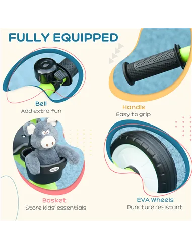 AIYAPLAY Kids Trike, Tricycle, with Adjustable Seat, Basket, Bell, for Ages 2-5 Years - Green