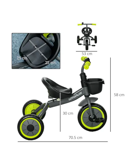 AIYAPLAY Kids Trike, Tricycle, with Adjustable Seat, Basket, Bell, for Ages 2-5 Years - Black