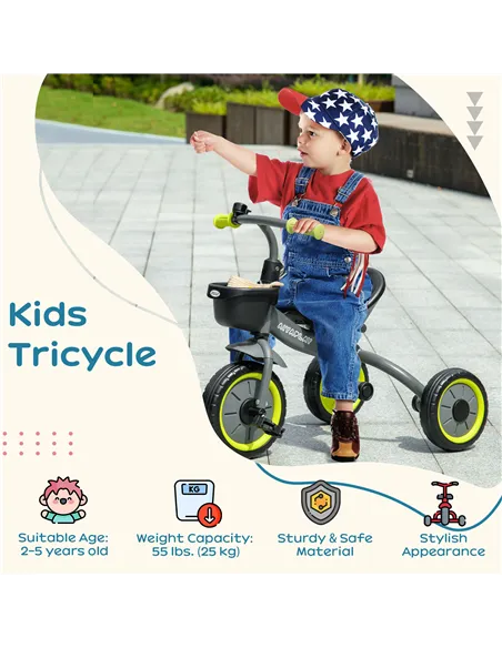 AIYAPLAY Kids Trike, Tricycle, with Adjustable Seat, Basket, Bell, for Ages 2-5 Years - Black