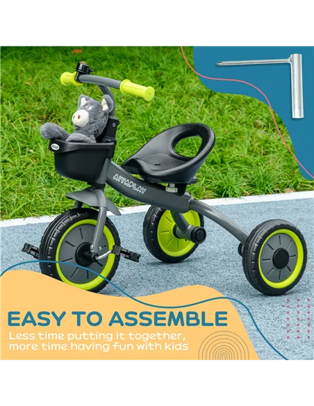 AIYAPLAY Kids Trike, Tricycle, with Adjustable Seat, Basket, Bell, for Ages 2-5 Years - Black