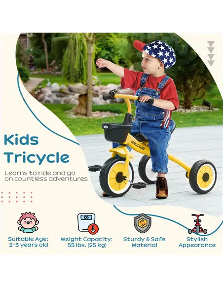 AIYAPLAY Kids Trike, Tricycle, with Adjustable Seat, Basket, Bell, for Ages 2-5 Years - Yellow