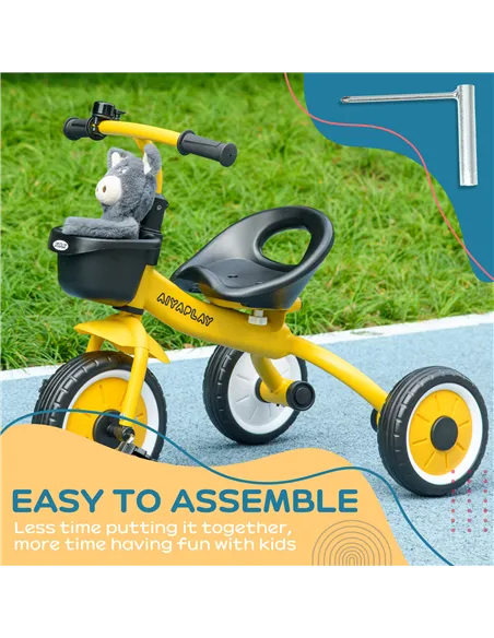 AIYAPLAY Kids Trike, Tricycle, with Adjustable Seat, Basket, Bell, for Ages 2-5 Years - Yellow