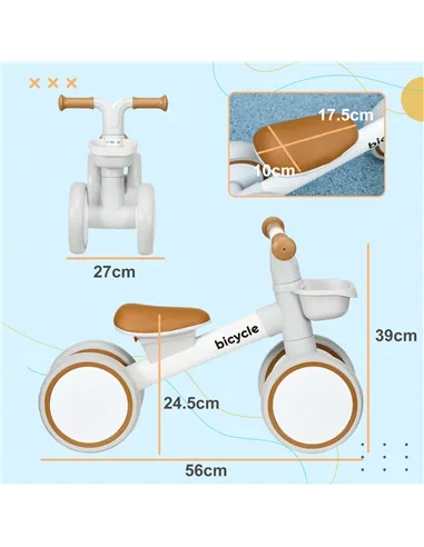 AIYAPLAY Kids Balance Bike for 1-3 Years Old with Adjustable Seat, Silent Wheels, White