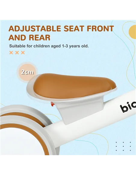 AIYAPLAY Kids Balance Bike for 1-3 Years Old with Adjustable Seat, Silent Wheels, White