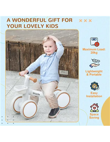 AIYAPLAY Kids Balance Bike for 1-3 Years Old with Adjustable Seat, Silent Wheels, White