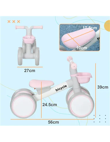 AIYAPLAY Kids Balance Bike for 1-3 Years Old with Adjustable Seat, Silent Wheels, Pink