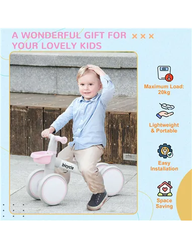 AIYAPLAY Kids Balance Bike for 1-3 Years Old with Adjustable Seat, Silent Wheels, Pink
