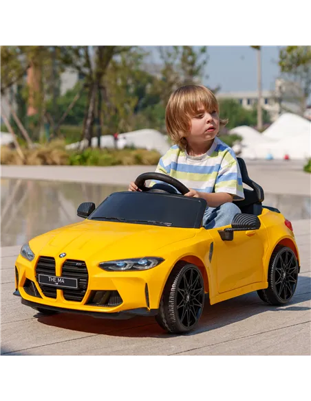 AIYAPLAY 12V BMW M4 Licensed Kids Car with Easy Transport, Remote Control, Suspension, Music, Horn, LED Lights, Yellow