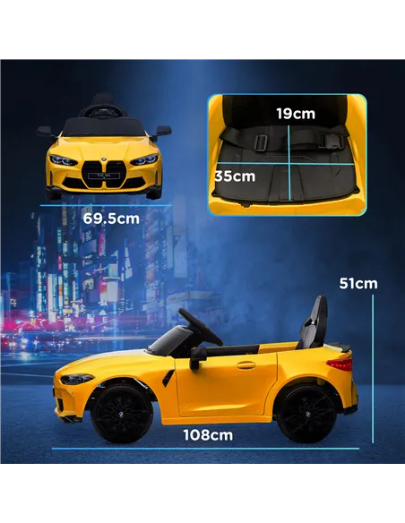 AIYAPLAY 12V BMW M4 Licensed Kids Car with Easy Transport, Remote Control, Suspension, Music, Horn, LED Lights, Yellow