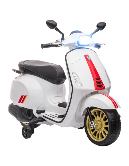 AIYAPLAY 12V Vespa Licensed Kids Electric Motorbike w/ Music, Headlights, FM Radio, for 3-6 Years - White