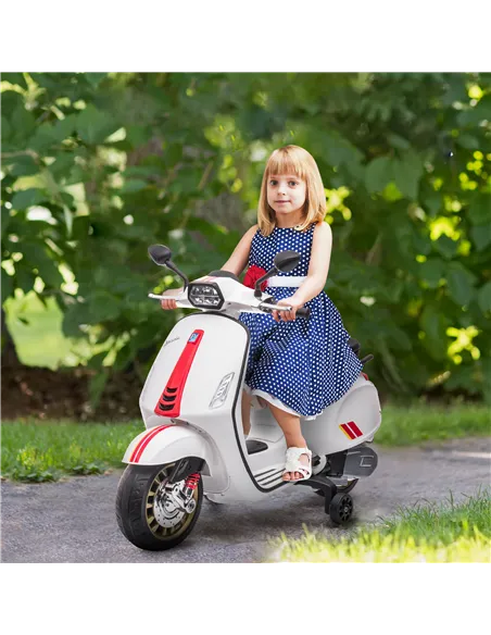 AIYAPLAY 12V Vespa Licensed Kids Electric Motorbike w/ Music, Headlights, FM Radio, for 3-6 Years - White