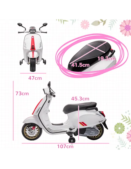 AIYAPLAY 12V Vespa Licensed Kids Electric Motorbike w/ Music, Headlights, FM Radio, for 3-6 Years - White