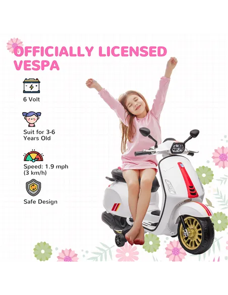 AIYAPLAY 12V Vespa Licensed Kids Electric Motorbike w/ Music, Headlights, FM Radio, for 3-6 Years - White