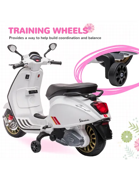 AIYAPLAY 12V Vespa Licensed Kids Electric Motorbike w/ Music, Headlights, FM Radio, for 3-6 Years - White