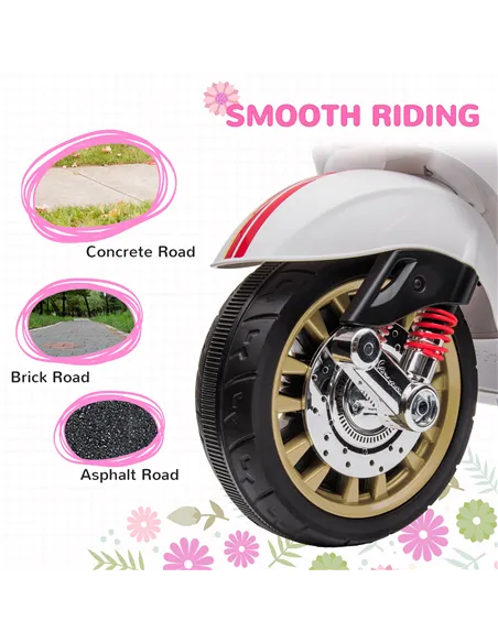 AIYAPLAY 12V Vespa Licensed Kids Electric Motorbike w/ Music, Headlights, FM Radio, for 3-6 Years - White