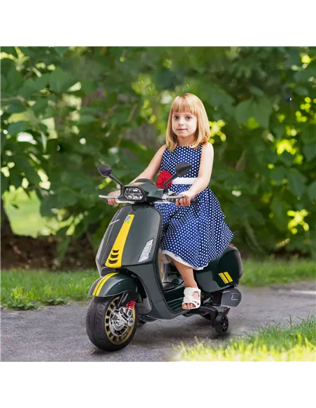 AIYAPLAY 12V Vespa Licensed Kids Electric Motorbike w/ Music, Headlights, FM Radio, for 3-6 Years - Green