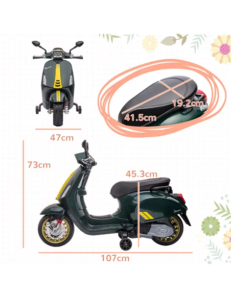 AIYAPLAY 12V Vespa Licensed Kids Electric Motorbike w/ Music, Headlights, FM Radio, for 3-6 Years - Green