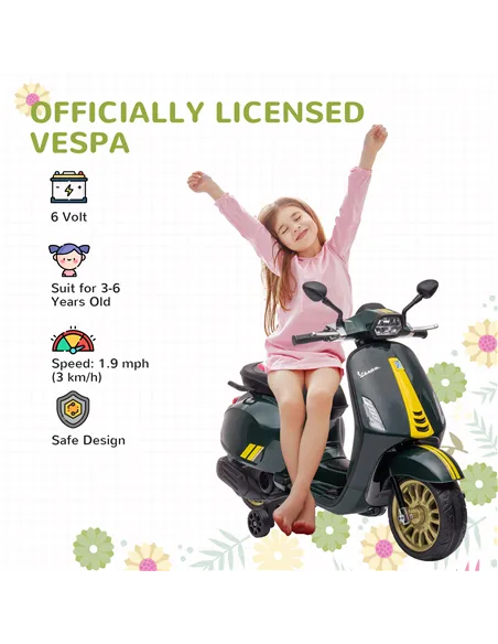 AIYAPLAY 12V Vespa Licensed Kids Electric Motorbike w/ Music, Headlights, FM Radio, for 3-6 Years - Green