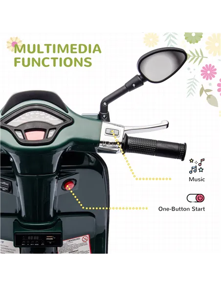 AIYAPLAY 12V Vespa Licensed Kids Electric Motorbike w/ Music, Headlights, FM Radio, for 3-6 Years - Green