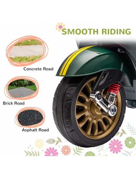 AIYAPLAY 12V Vespa Licensed Kids Electric Motorbike w/ Music, Headlights, FM Radio, for 3-6 Years - Green