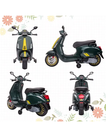 AIYAPLAY 12V Vespa Licensed Kids Electric Motorbike w/ Music, Headlights, FM Radio, for 3-6 Years - Green