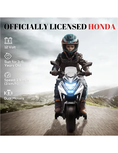 AIYAPLAY 12V Honda Licensed Kids Electric Motorbike w/ Music, Headlights, Early Education Function, for Ages 3-6 Years, White