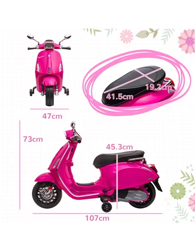 AIYAPLAY 12V Vespa Licensed Kids Electric Motorbike w/ Music, Headlights, FM Radio, for 3-6 Years - Pink